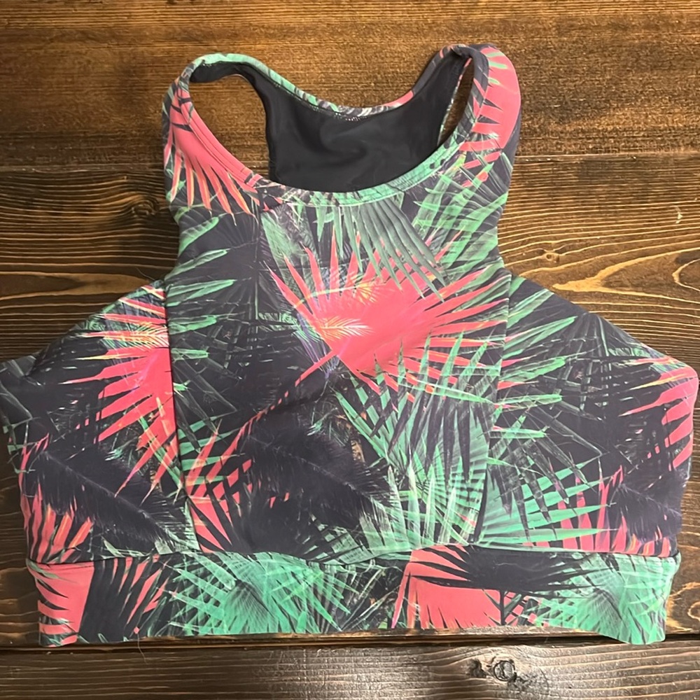 Lorna Jane electric palm high neck sports bra